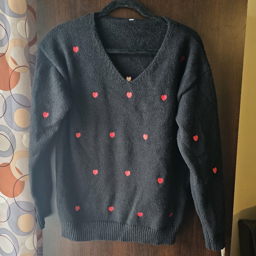 Black V-Neck Sweater with Red Heart Embroidery - Women